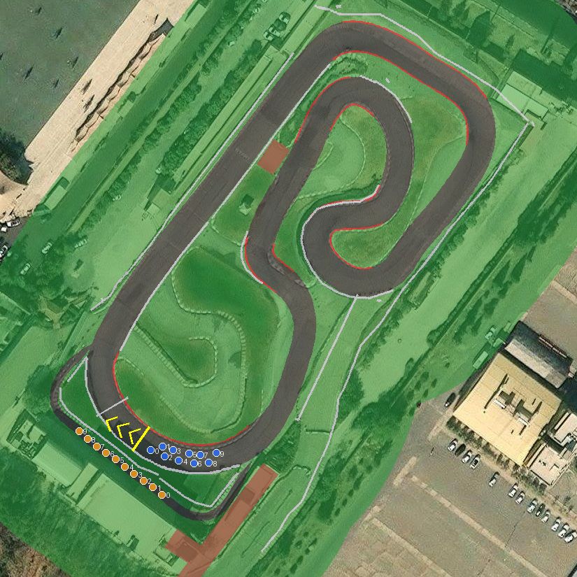 Top-down preview of Azadi karting with the generated road, kerbs and grid overlaid on satellite imagery