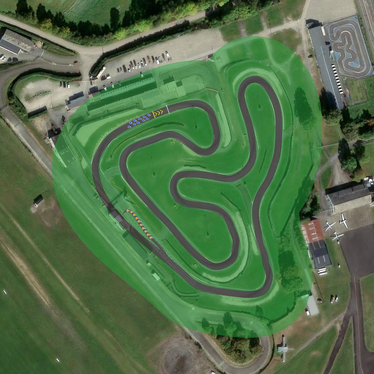 Top-down preview of Beausoleil à Laval with the generated road, kerbs and grid overlaid on satellite imagery