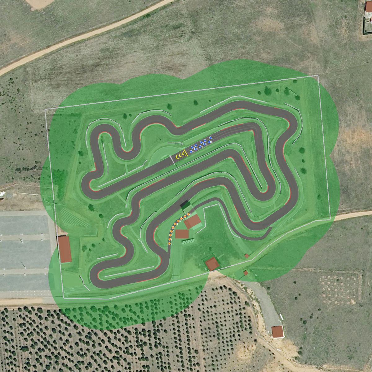 Top-down preview of Benamariel Karting with the generated road, kerbs and grid overlaid on satellite imagery
