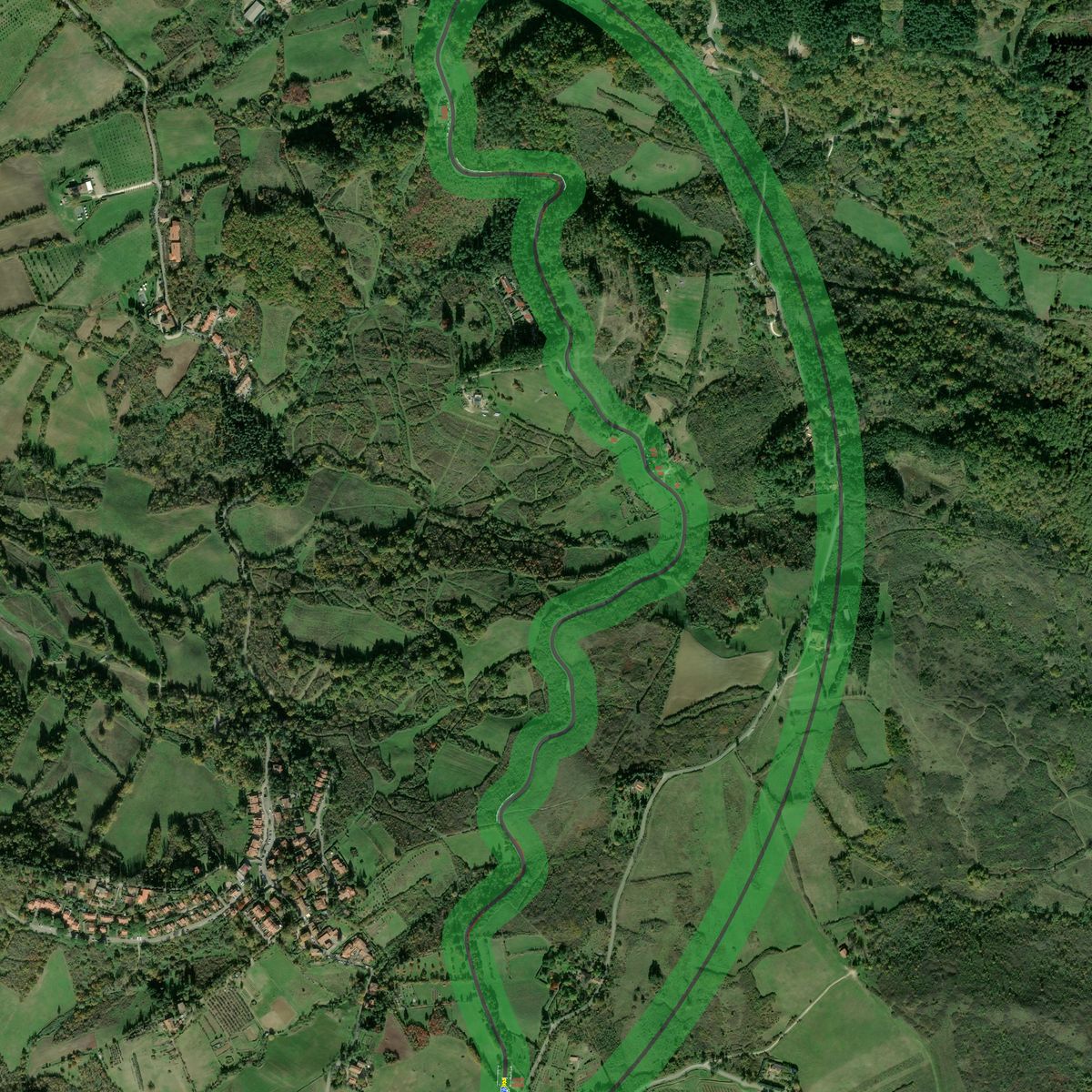 Top-down preview of Bivigliano with the generated road, kerbs and grid overlaid on satellite imagery