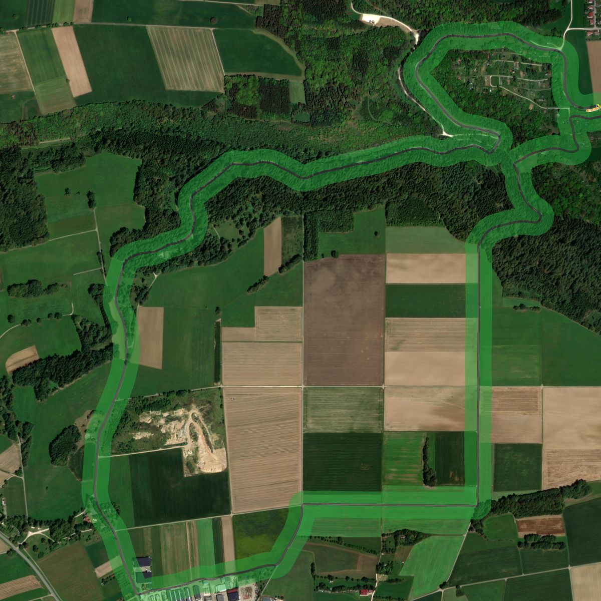 Top-down preview of bollingen-asch with the generated road, kerbs and grid overlaid on satellite imagery