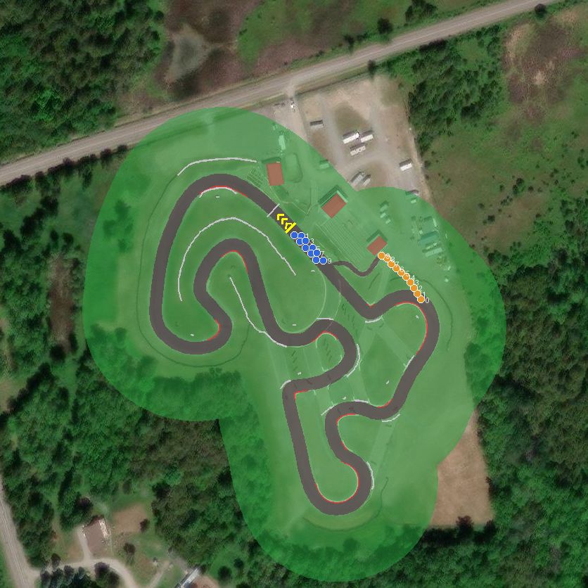 Top-down preview of Brechin with the generated road, kerbs and grid overlaid on satellite imagery