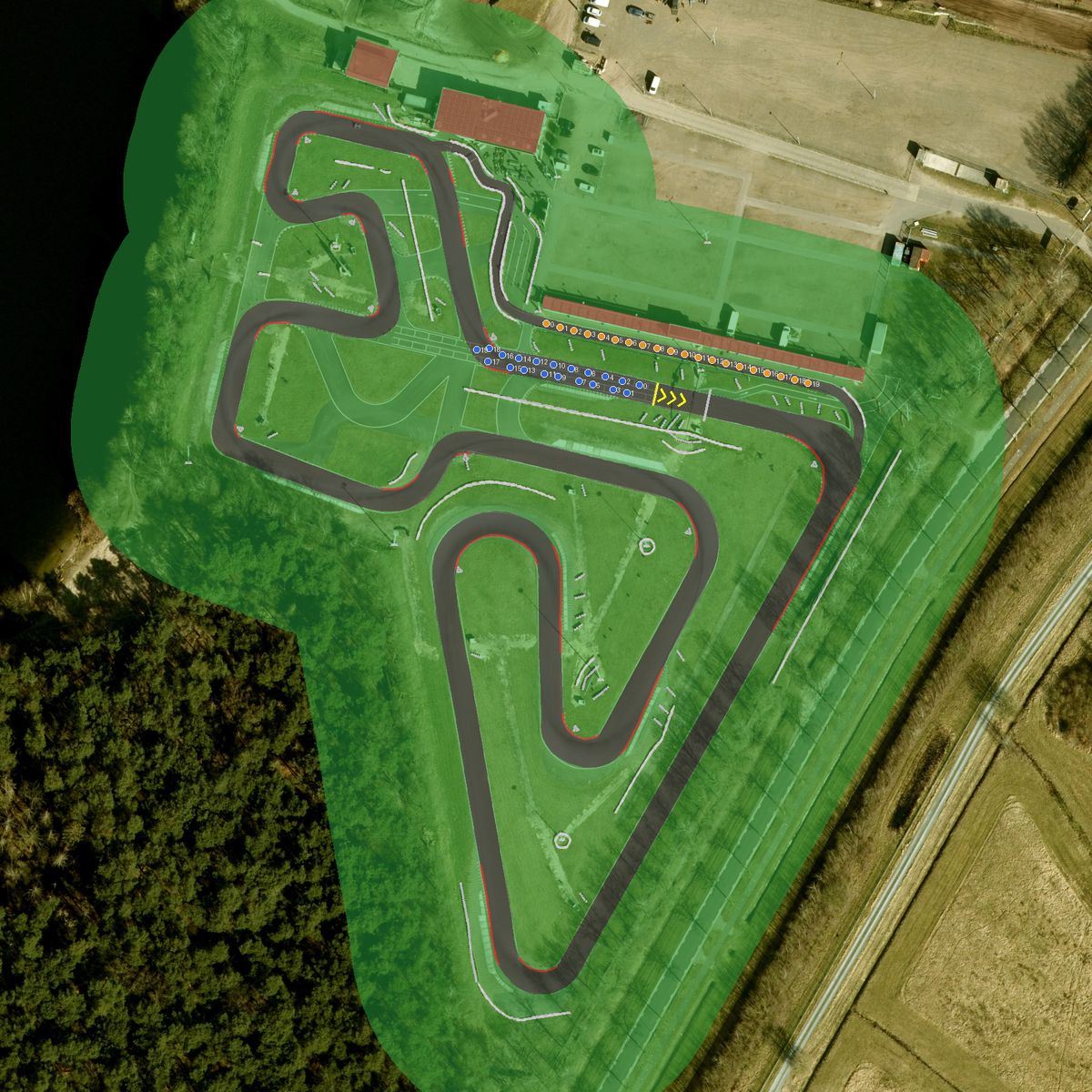 Top-down preview of De Landsard with the generated road, kerbs and grid overlaid on satellite imagery