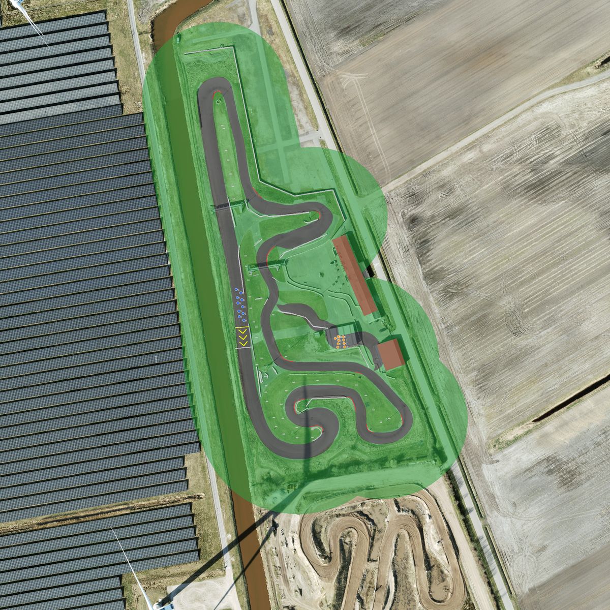 Top-down preview of Emmen with the generated road, kerbs and grid overlaid on satellite imagery