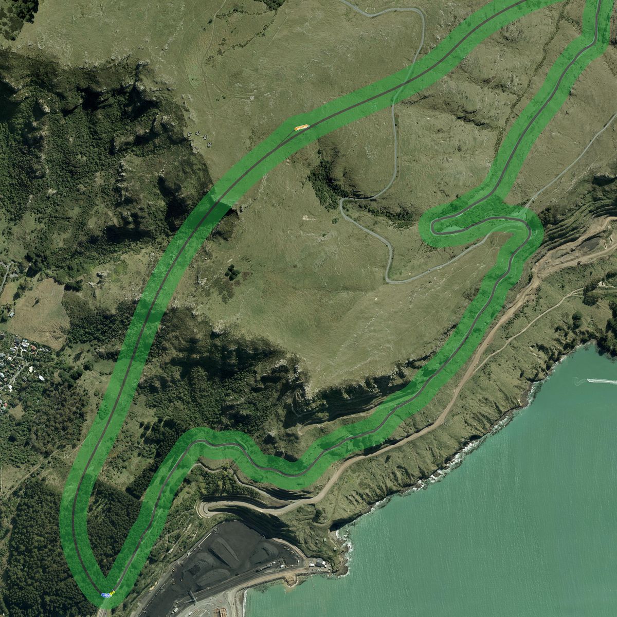 Top-down preview of Evans Pass with the generated road, kerbs and grid overlaid on satellite imagery