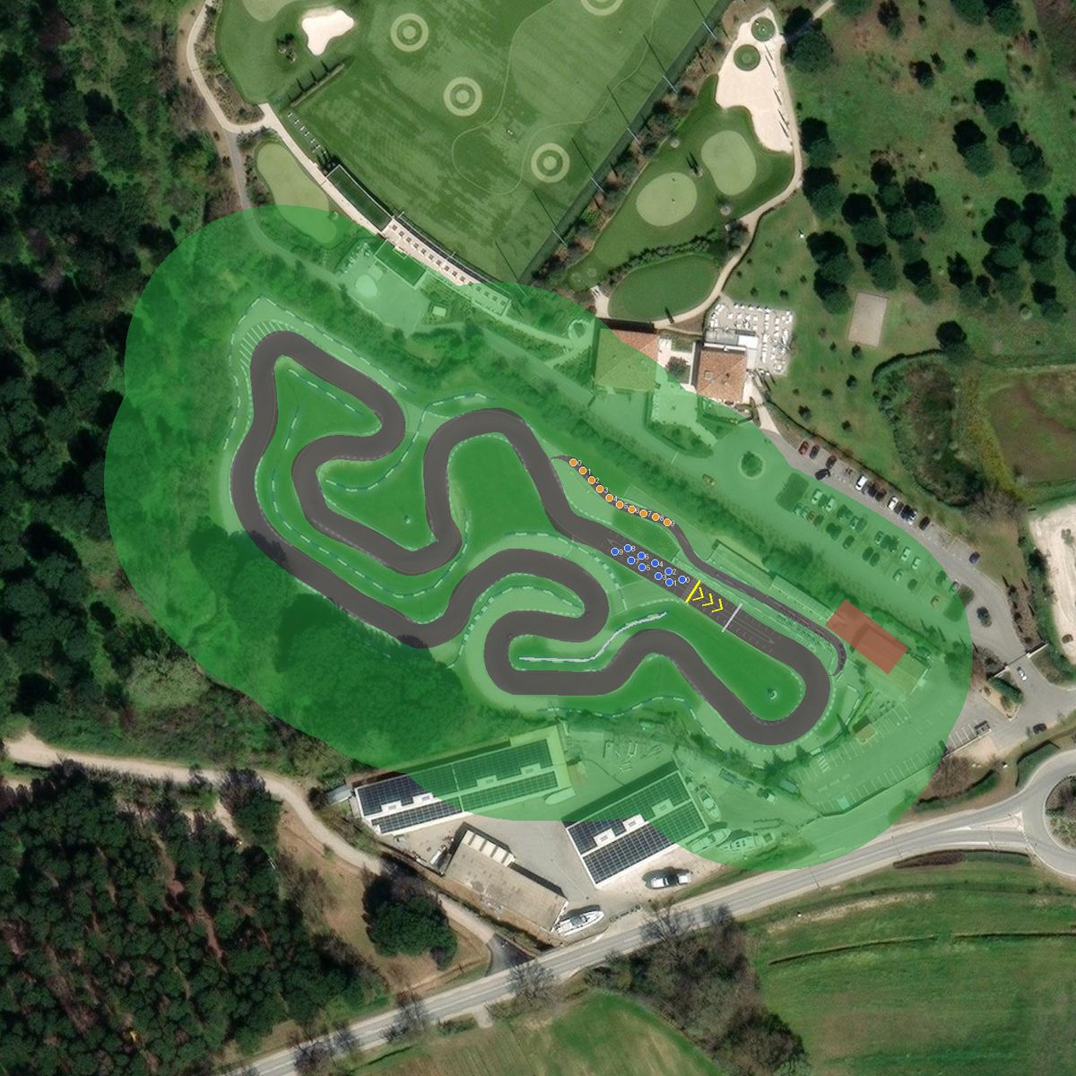 Top-down preview of Grimaud with the generated road, kerbs and grid overlaid on satellite imagery
