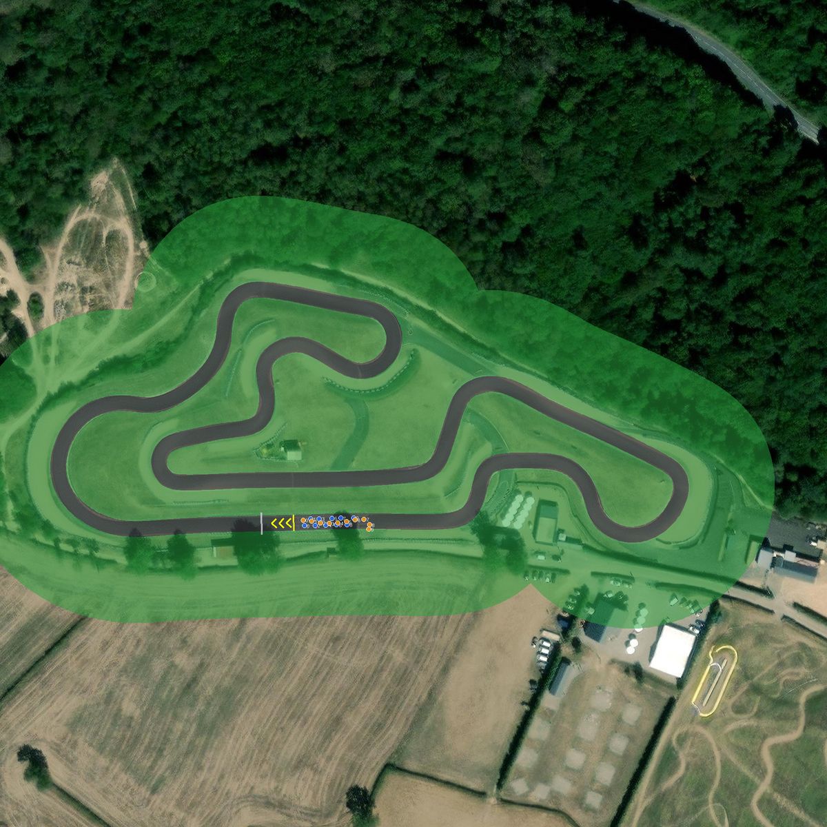 Top-down preview of GTR PERFORMANCE with the generated road, kerbs and grid overlaid on satellite imagery