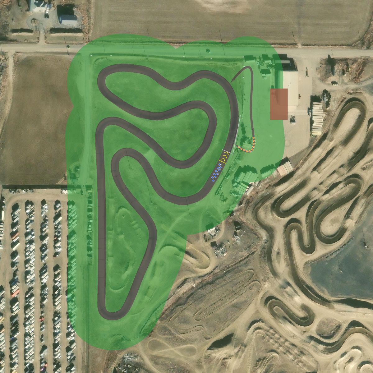 Top-down preview of IMI with the generated road, kerbs and grid overlaid on satellite imagery