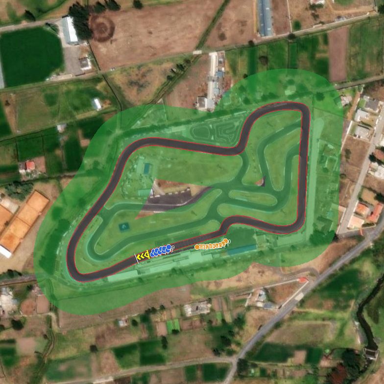 Top-down preview of Kartódromo Cotopaxi with the generated road, kerbs and grid overlaid on satellite imagery