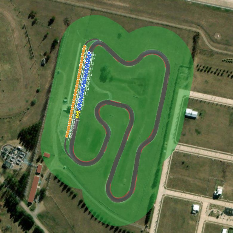Top-down preview of Kartodromo de Sanchales with the generated road, kerbs and grid overlaid on satellite imagery