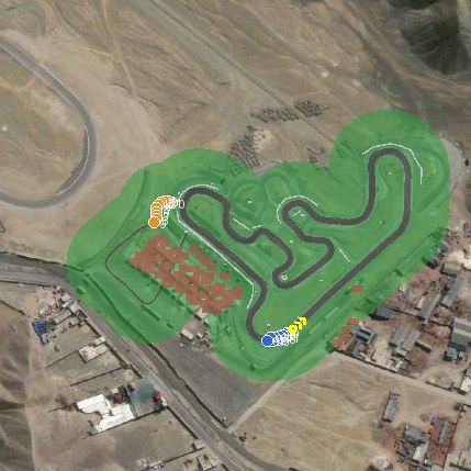 Top-down preview of kartodromo la chutana with the generated road, kerbs and grid overlaid on satellite imagery