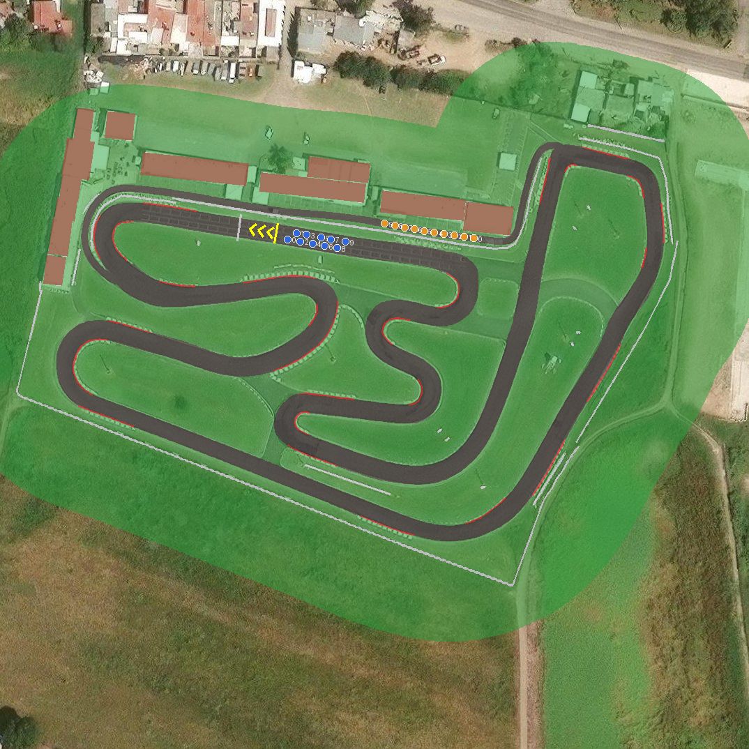 Top-down preview of Kartodromo Oscar Casillas 2026 with the generated road, kerbs and grid overlaid on satellite imagery