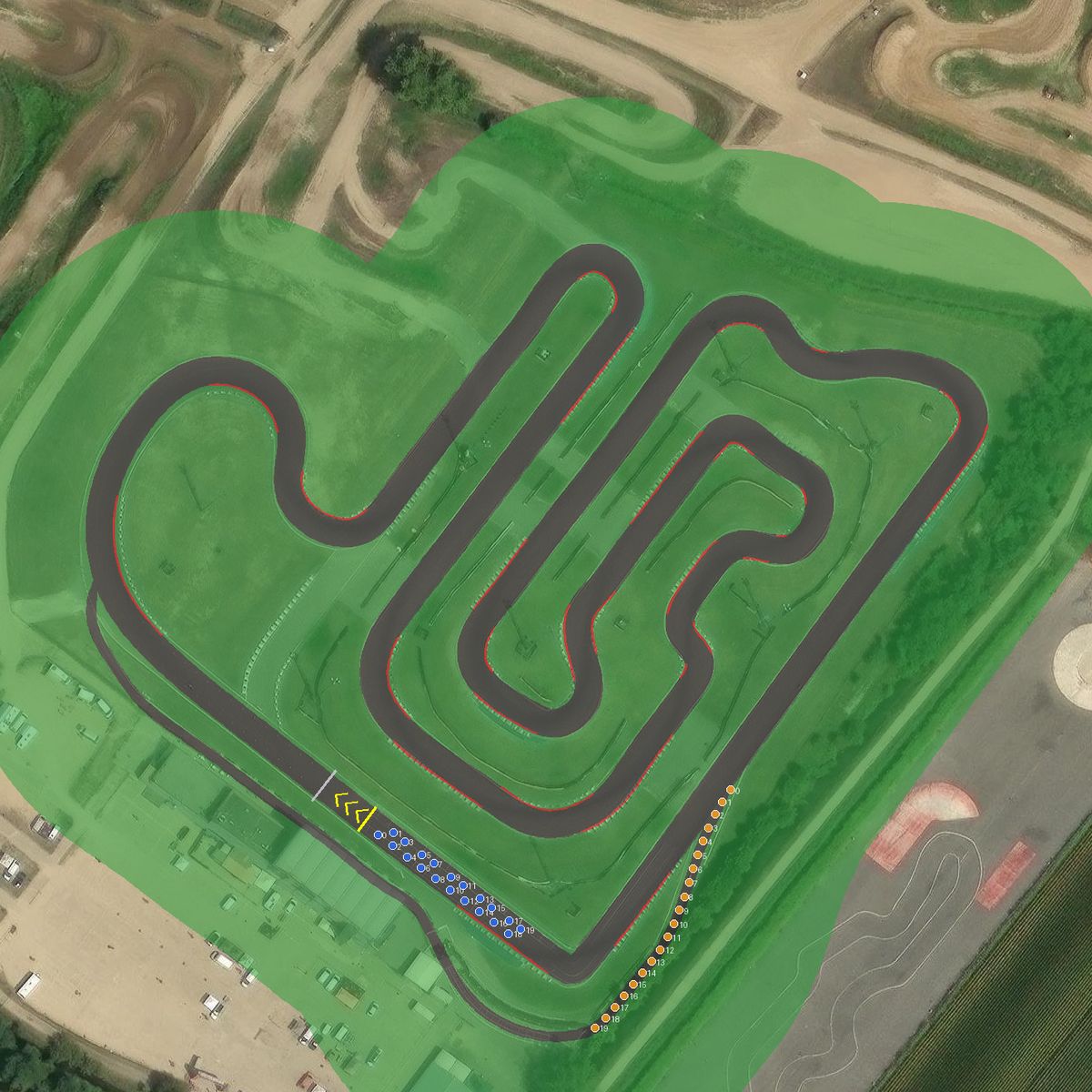 Top-down preview of Lenovo Ottabiano Circuit with the generated road, kerbs and grid overlaid on satellite imagery