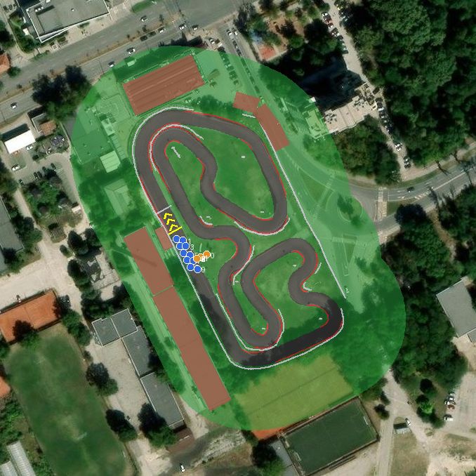 Top-down preview of Lauta Karting Track Plovdiv with the generated road, kerbs and grid overlaid on satellite imagery
