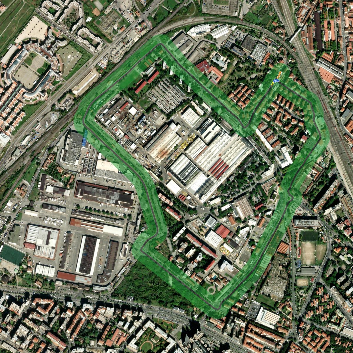 Top-down preview of Lippi Circuit with the generated road, kerbs and grid overlaid on satellite imagery