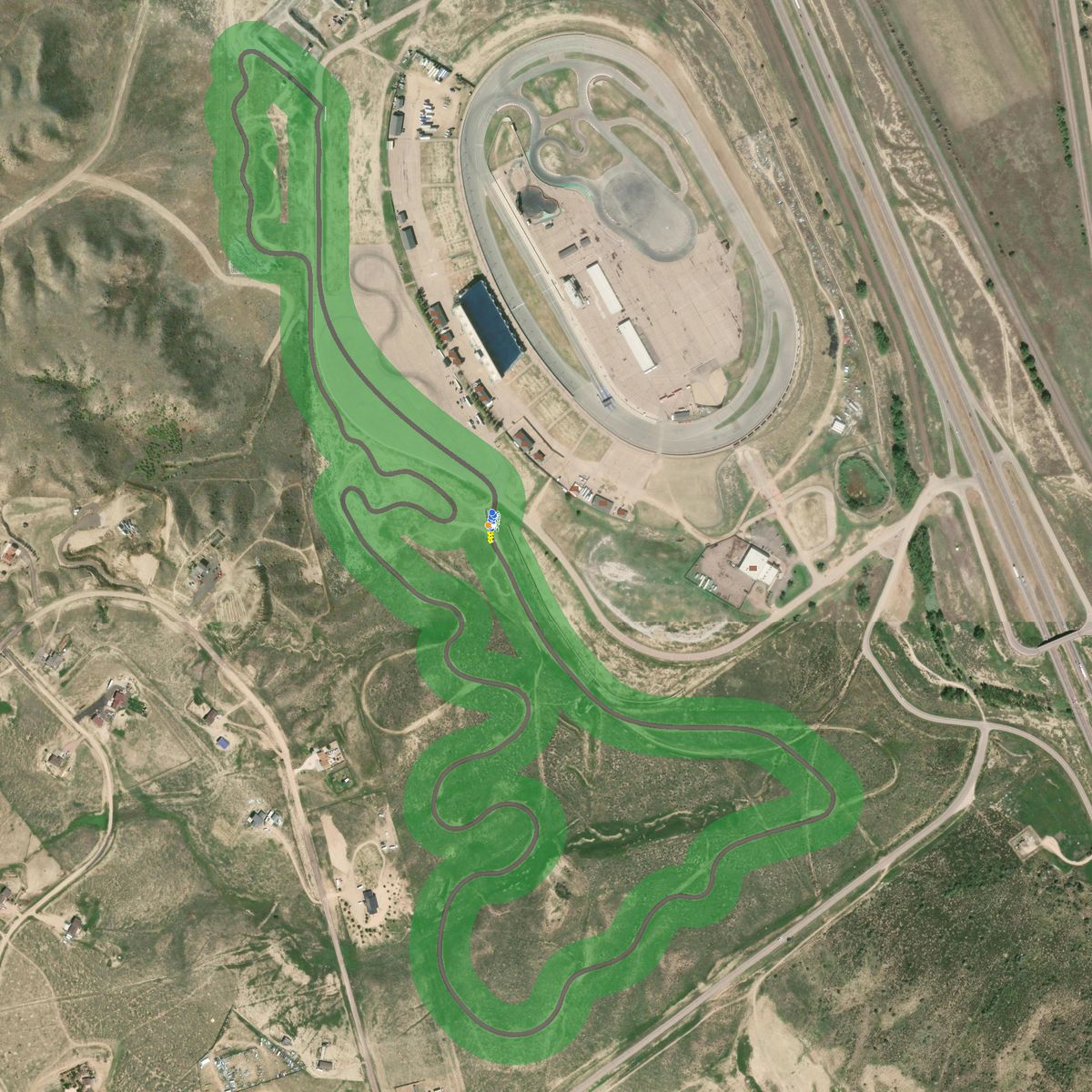 Top-down preview of PPIR Dirt with the generated road, kerbs and grid overlaid on satellite imagery