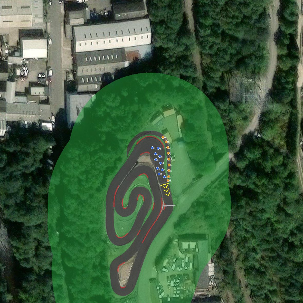 Top-down preview of SheffieldKart with the generated road, kerbs and grid overlaid on satellite imagery