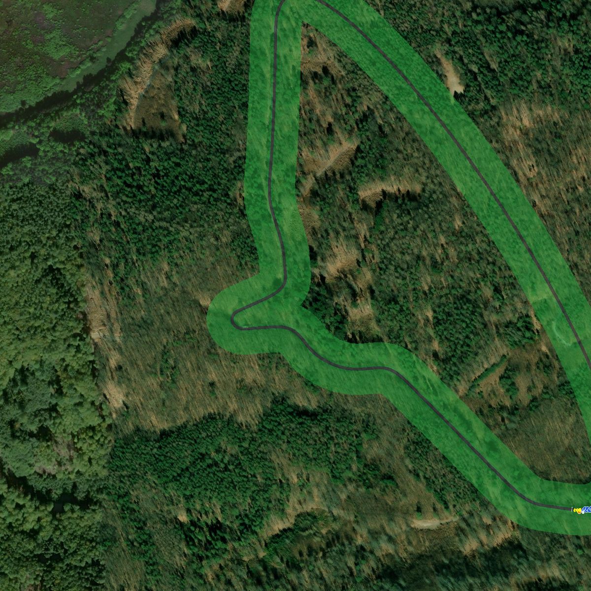 Top-down preview of Sopocka with the generated road, kerbs and grid overlaid on satellite imagery