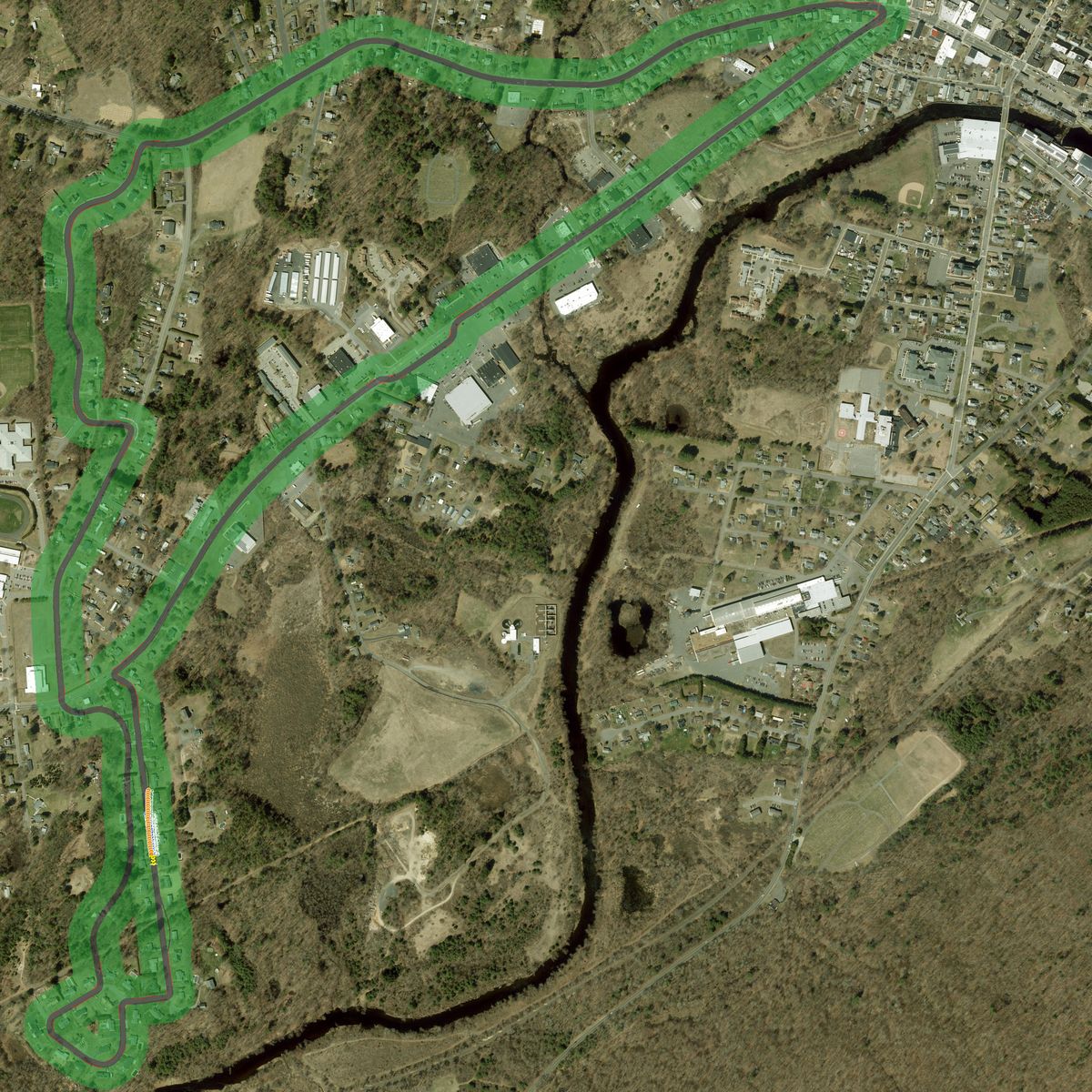 Top-down preview of waremass with the generated road, kerbs and grid overlaid on satellite imagery